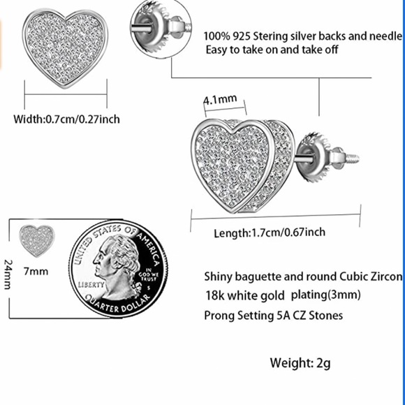 CZ Stud Heart Screw Back Earrings - Picture 8 of 8